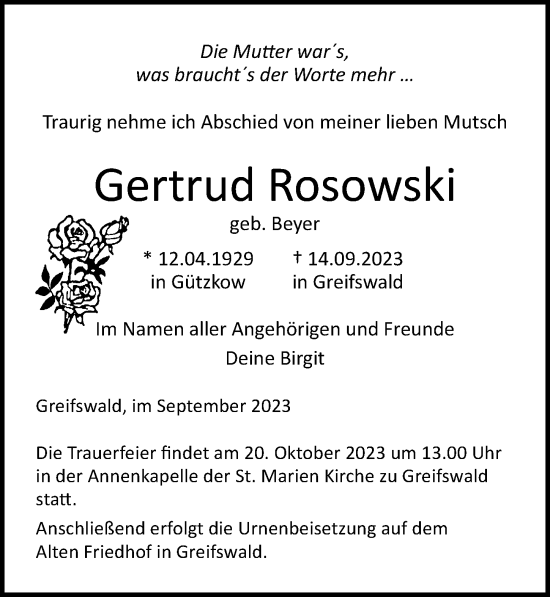 Traueranzeige von Gertrud Rosowski von Ostsee-Zeitung GmbH