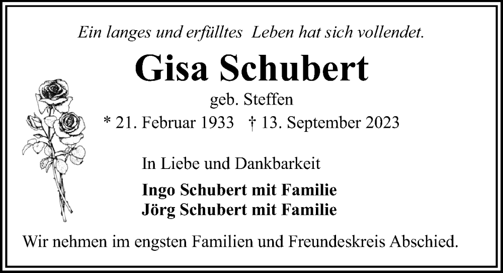  Traueranzeige für Gisa Schubert vom 17.09.2023 aus Lübecker Nachrichten