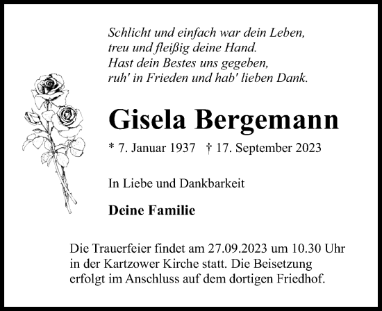 Traueranzeige von Gisela Bergemann von Märkischen Allgemeine Zeitung