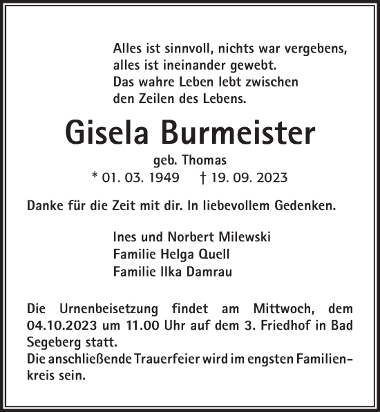 Traueranzeige von Gisela Burmeister von Kieler Nachrichten