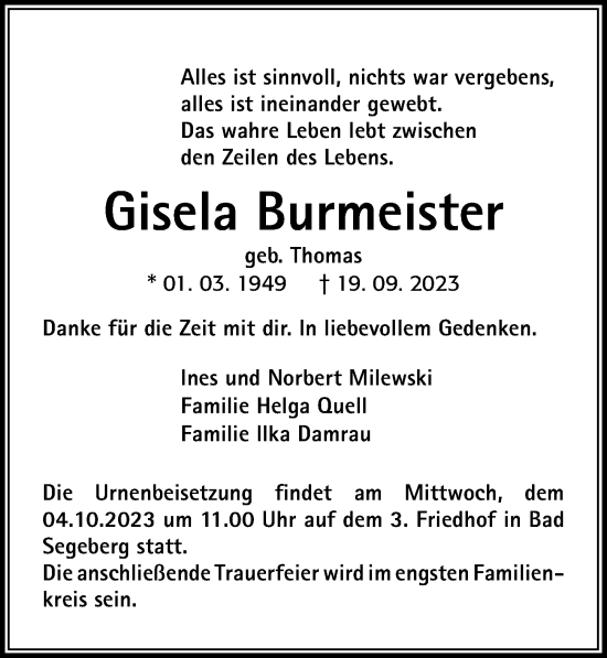 Traueranzeige von Gisela Burmeister von Lübecker Nachrichten