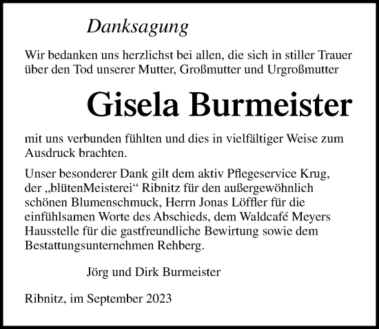 Traueranzeige von Gisela Burmeister von Ostsee-Zeitung GmbH