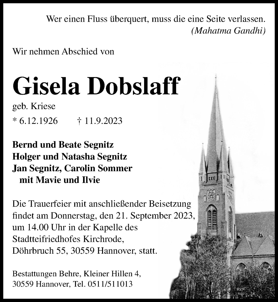  Traueranzeige für Gisela Dobslaff vom 16.09.2023 aus Hannoversche Allgemeine Zeitung/Neue Presse