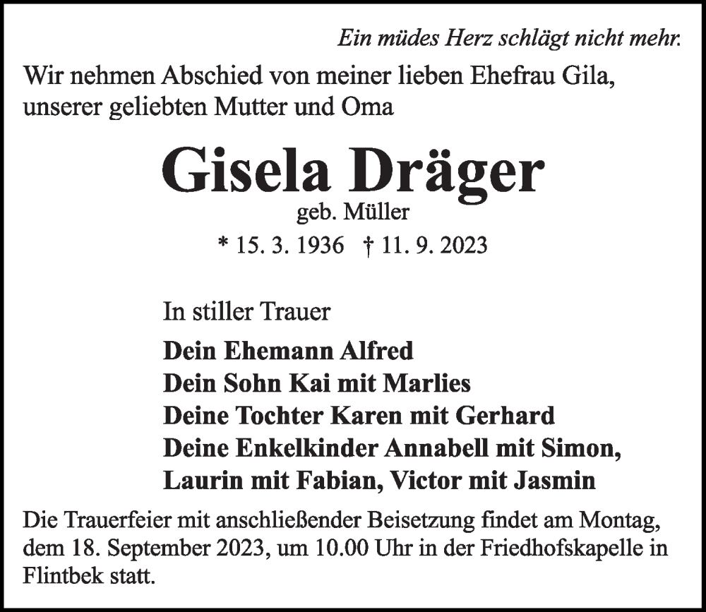  Traueranzeige für Gisela Dräger vom 16.09.2023 aus Kieler Nachrichten