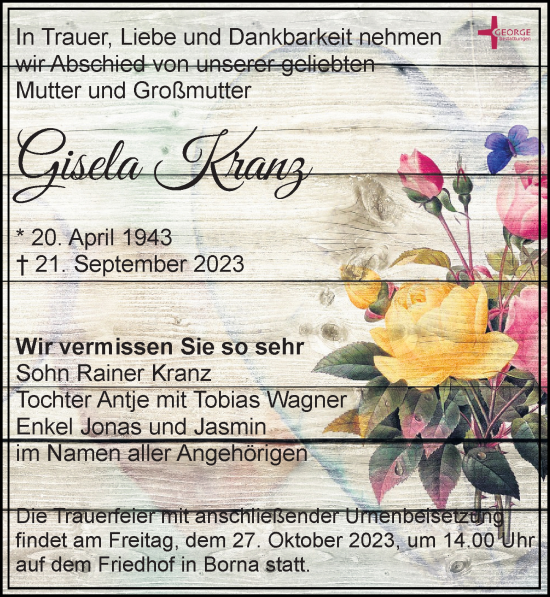 Traueranzeige von Gisela Kranz von Leipziger Volkszeitung