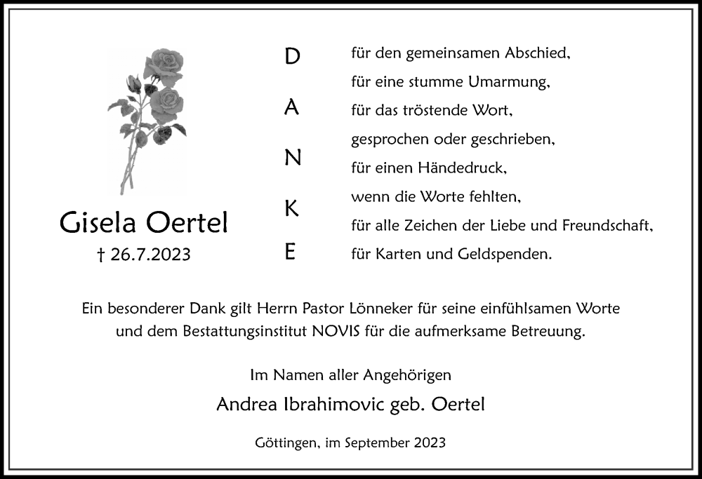  Traueranzeige für Gisela Oertel vom 02.09.2023 aus Göttinger Tageblatt