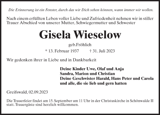 Traueranzeige von Gisela Wieselow von Ostsee-Zeitung GmbH