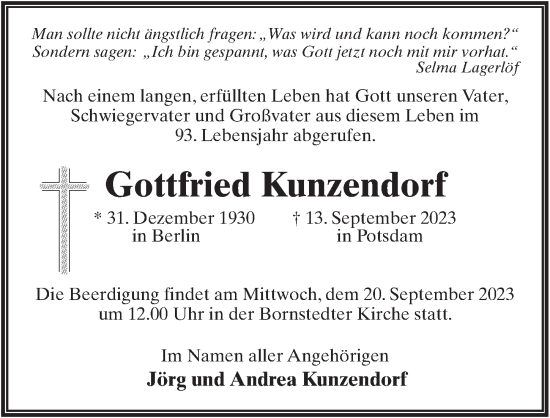 Traueranzeige von Gottfried Kunzendorf von Märkischen Allgemeine Zeitung