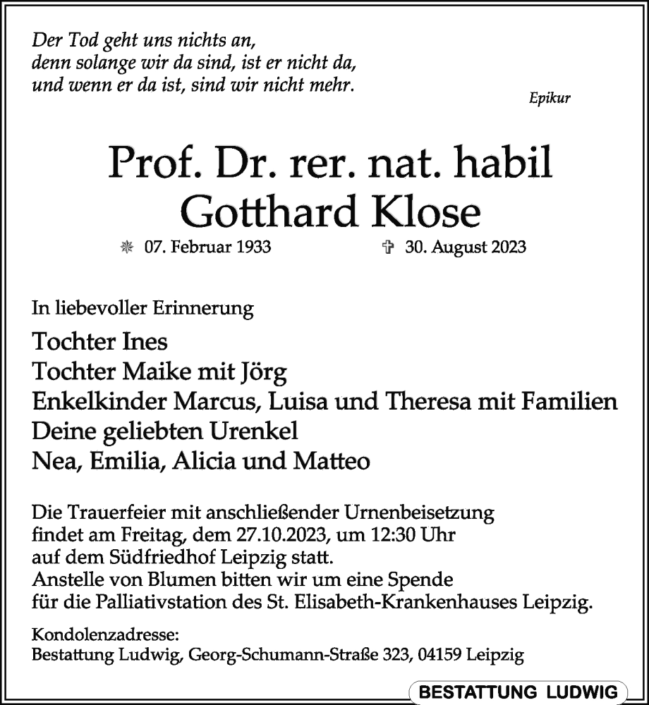  Traueranzeige für Gotthard Klose vom 16.09.2023 aus Leipziger Volkszeitung
