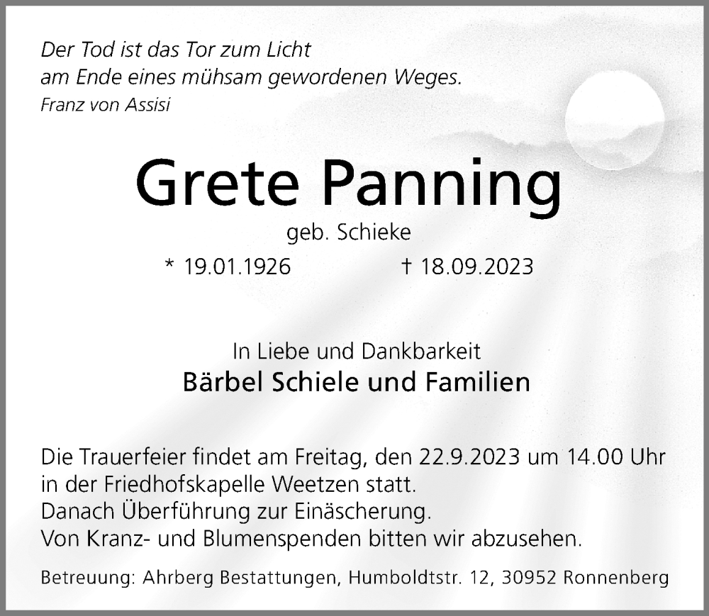  Traueranzeige für Grete Panning vom 20.09.2023 aus Hannoversche Allgemeine Zeitung/Neue Presse