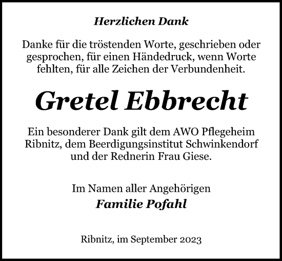 Traueranzeige von Gretel Ebbrecht von Ostsee-Zeitung GmbH