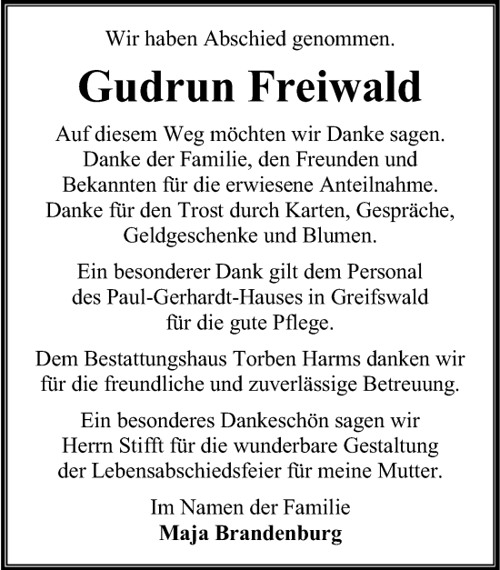 Traueranzeige von Gudrun Freiwald von Ostsee-Zeitung GmbH