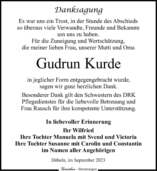 Traueranzeige von Gudrun Kurde von Leipziger Volkszeitung