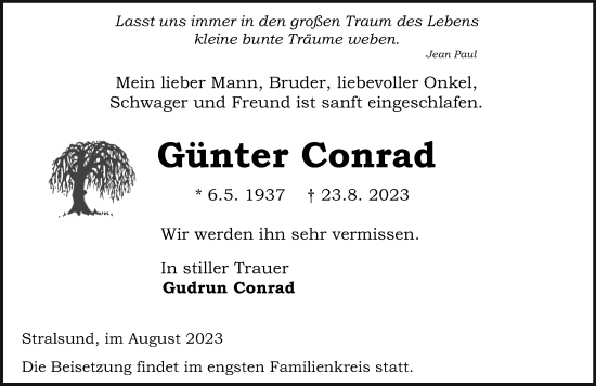 Traueranzeige von Günter Conrad von Ostsee-Zeitung GmbH