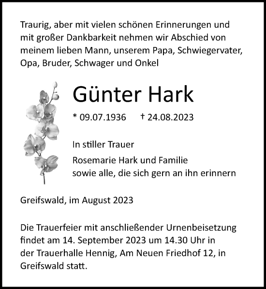 Traueranzeige von Günter Hark von Ostsee-Zeitung GmbH