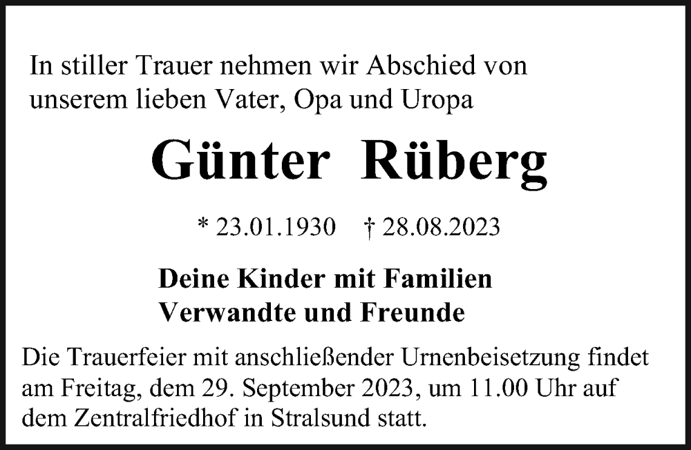  Traueranzeige für Günter Rüberg vom 02.09.2023 aus Ostsee-Zeitung GmbH