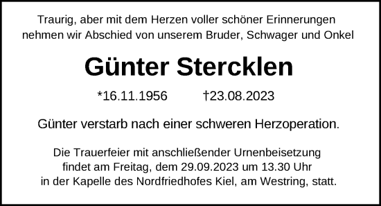 Traueranzeige von Günter Stercklen von Kieler Nachrichten