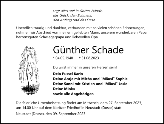 Traueranzeige von Günther Schade