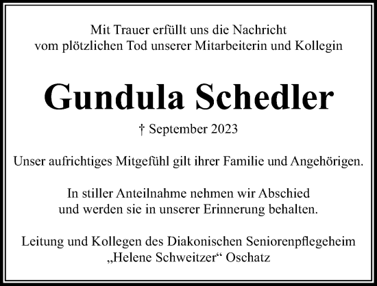 Traueranzeige von Gundula Schedler von Leipziger Volkszeitung