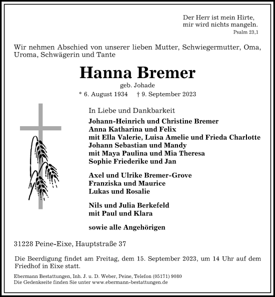 Traueranzeige von Hanna Bremer von Peiner Allgemeine Zeitung