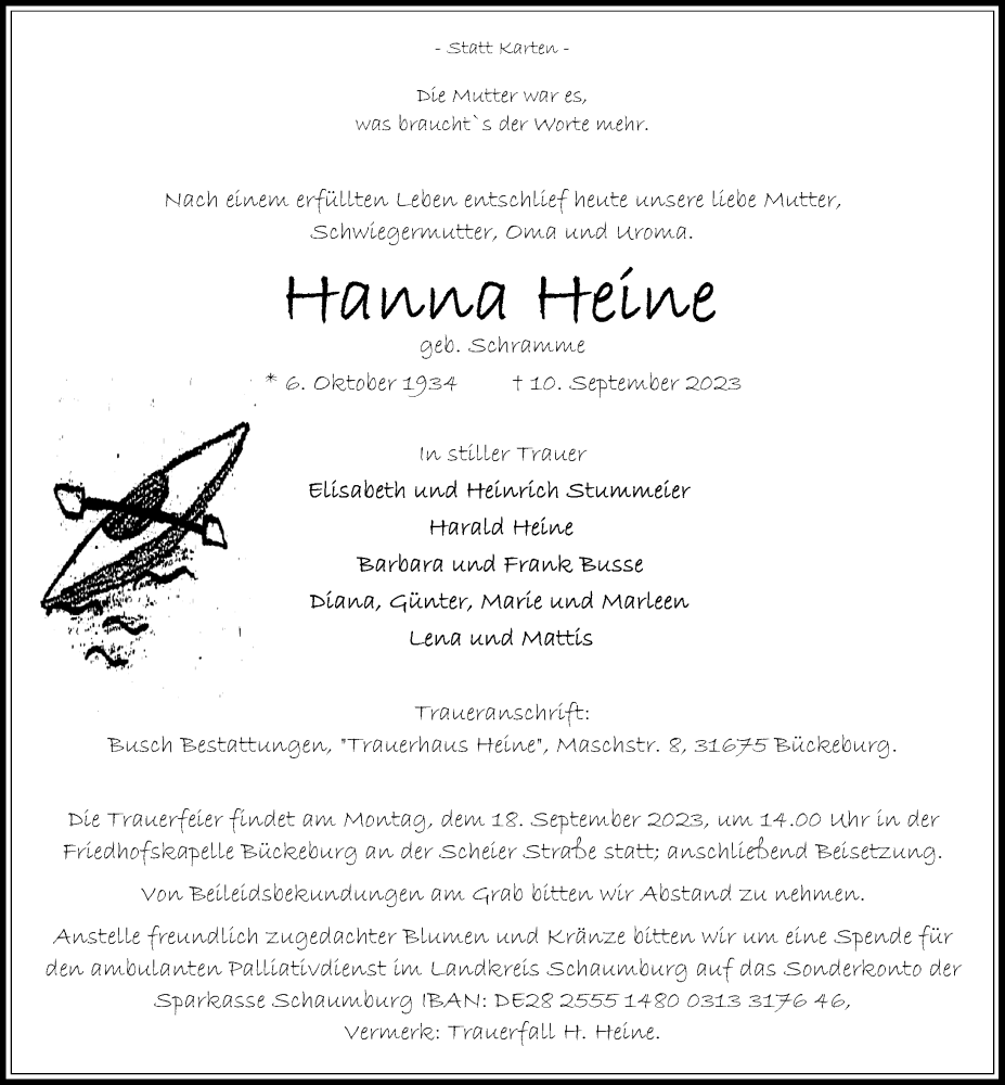  Traueranzeige für Hanna Heine vom 16.09.2023 aus Schaumburger Nachrichten