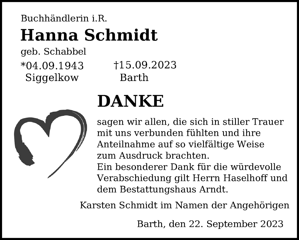  Traueranzeige für Hanna Schmidt vom 30.09.2023 aus Ostsee-Zeitung GmbH