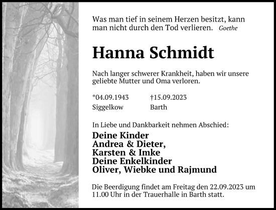 Traueranzeige von Hanna Schmidt von Ostsee-Zeitung GmbH