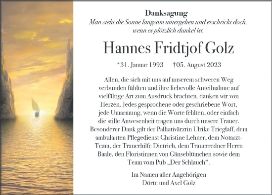 Traueranzeige von Hannes Fridtjof Golz von Ostsee-Zeitung GmbH