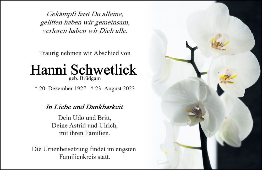  Traueranzeige für Hanni Schwetlick vom 02.09.2023 aus Ostsee-Zeitung GmbH