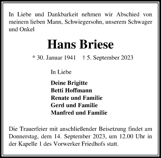 Traueranzeige von Hans Briese von Lübecker Nachrichten