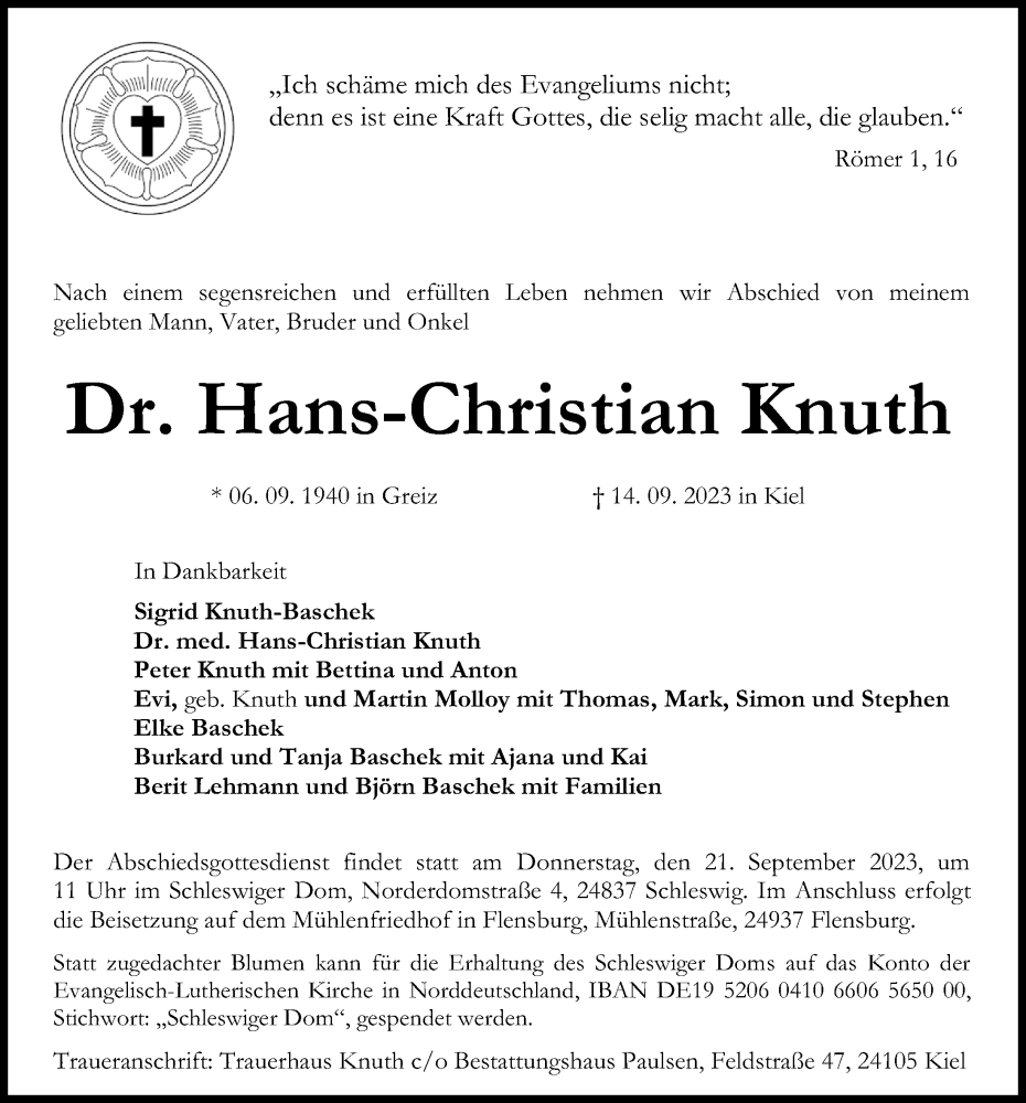  Traueranzeige für Hans-Christian Knuth vom 19.09.2023 aus Kieler Nachrichten