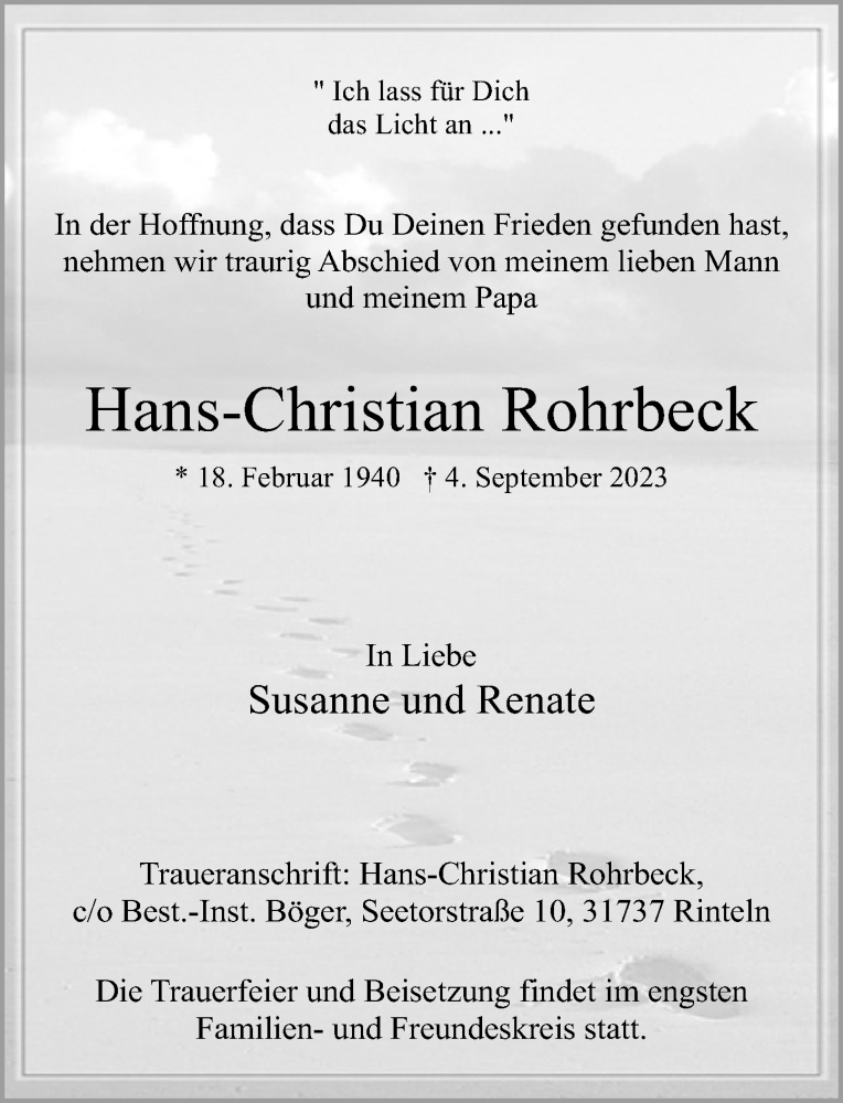  Traueranzeige für Hans-Christian Rohrbeck vom 09.09.2023 aus Schaumburger Nachrichten