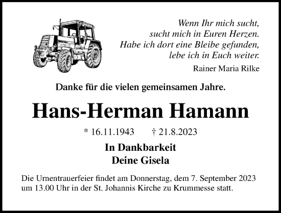 Traueranzeige von Hans-Herman Hamann von Lübecker Nachrichten
