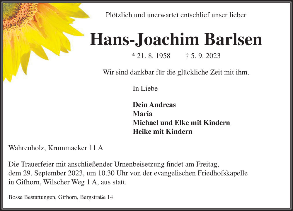  Traueranzeige für Hans-Joachim Barlsen vom 16.09.2023 aus Aller Zeitung
