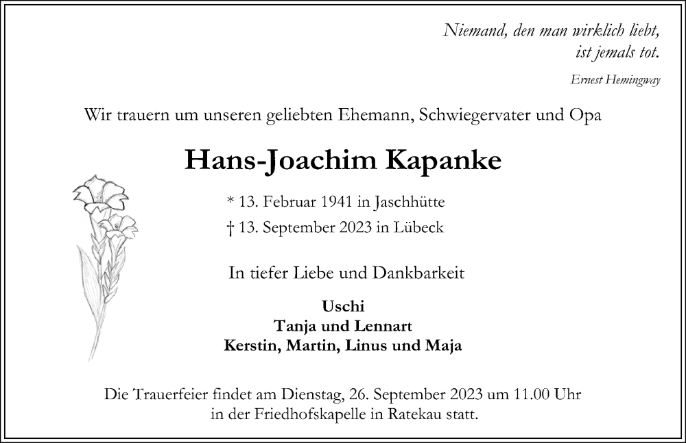  Traueranzeige für Hans-Joachim Kapanke vom 17.09.2023 aus Lübecker Nachrichten