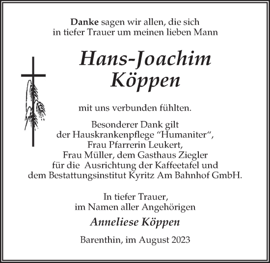Traueranzeige von Hans-Joachim Köppen von Märkischen Allgemeine Zeitung