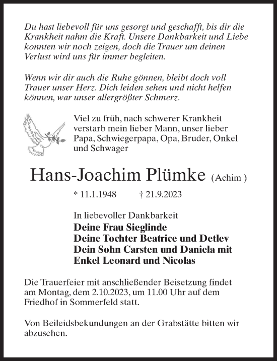 Traueranzeige von Hans-Joachim Plümke von Märkischen Allgemeine Zeitung