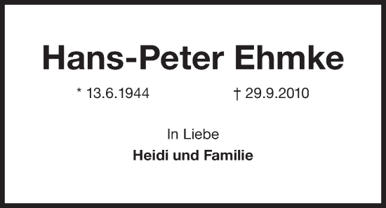 Traueranzeige von Hans-Peter Ehmke von Kieler Nachrichten