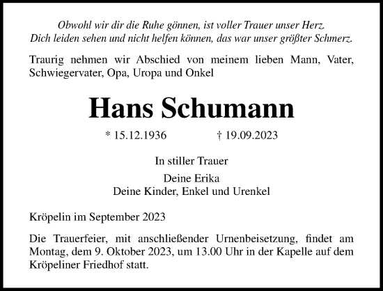 Traueranzeige von Hans Schumann von Ostsee-Zeitung GmbH