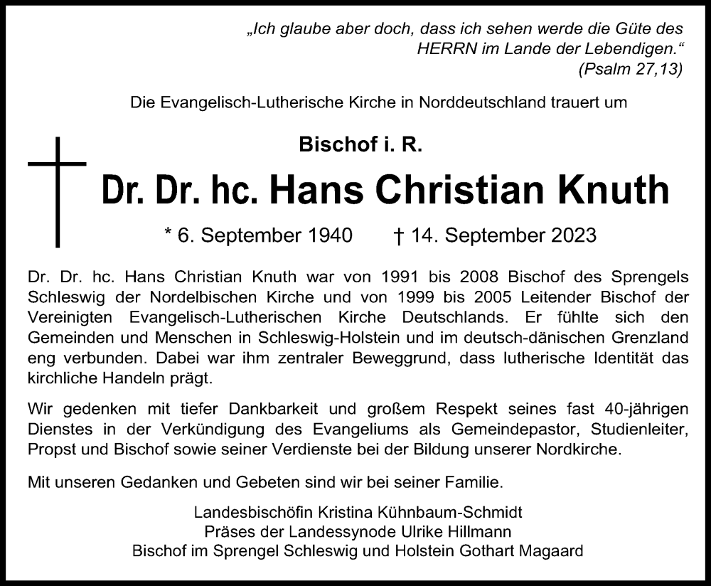 Traueranzeige für Hans Christian Knuth vom 16.09.2023 aus Kieler Nachrichten