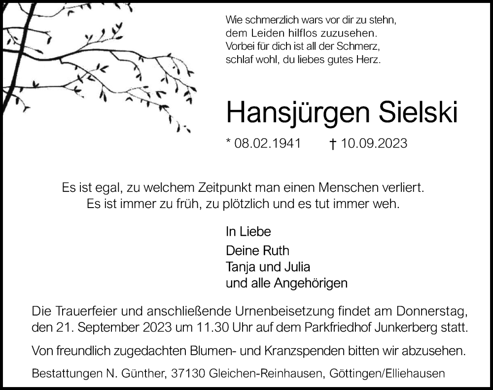  Traueranzeige für Hansjürgen Sielski vom 16.09.2023 aus Göttinger Tageblatt