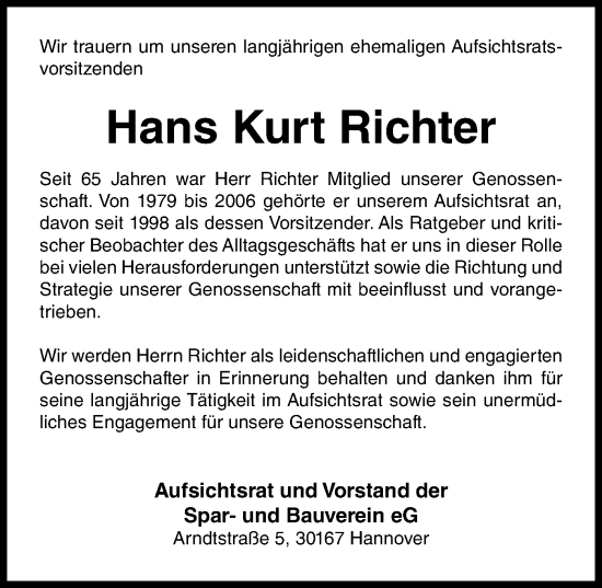 Traueranzeige von Hans Kurt Richter von Hannoversche Allgemeine Zeitung/Neue Presse