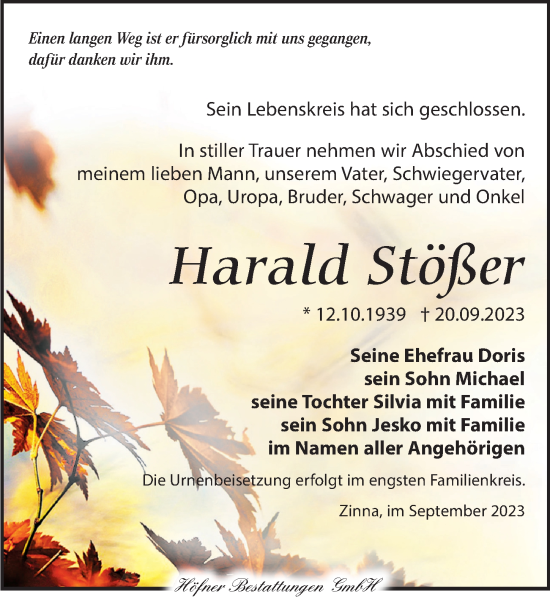 Traueranzeige von Harald Stößer von Torgauer Zeitung