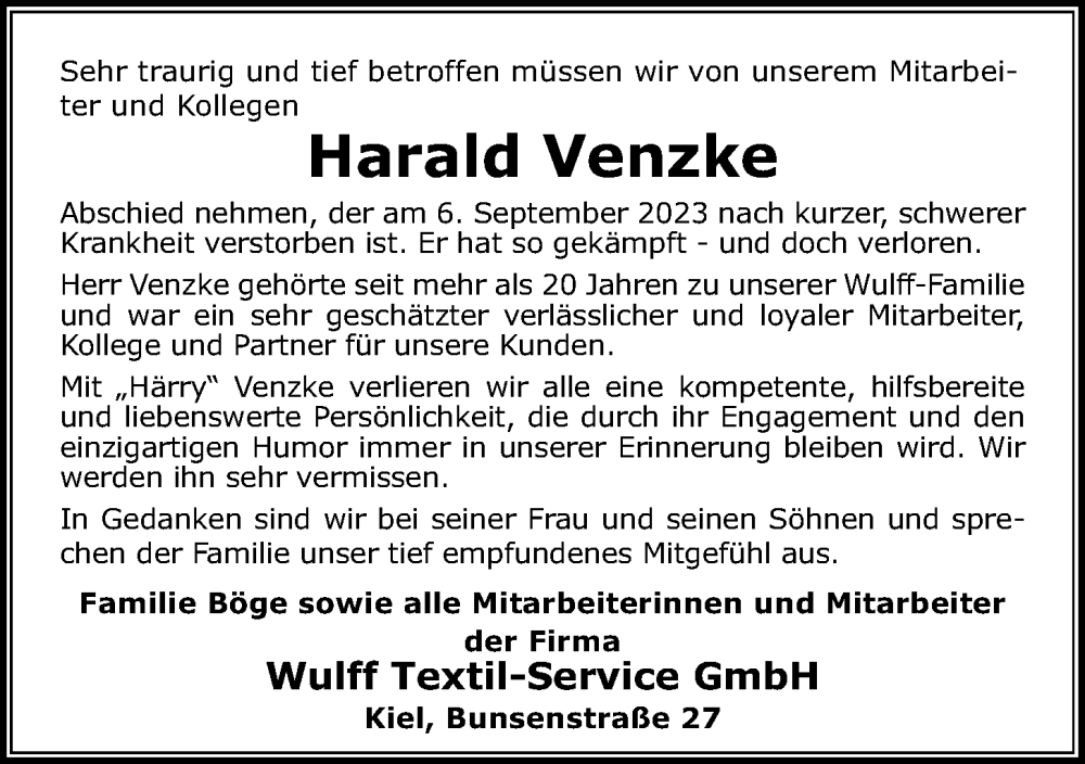  Traueranzeige für Harald Venzke vom 16.09.2023 aus Kieler Nachrichten