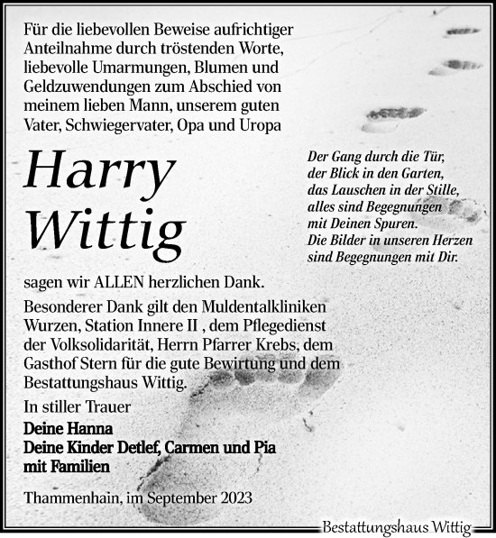 Traueranzeige von Harry Wittig von Leipziger Volkszeitung