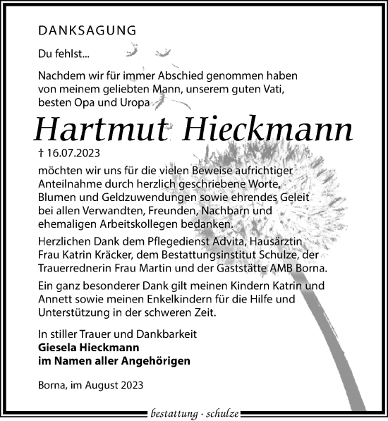 Traueranzeige von Hartmut Hieckmann von Leipziger Volkszeitung