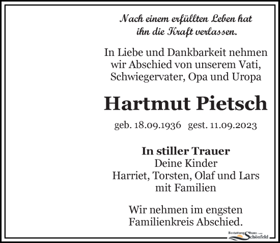 Traueranzeige von Hartmut Pietsch von Leipziger Volkszeitung