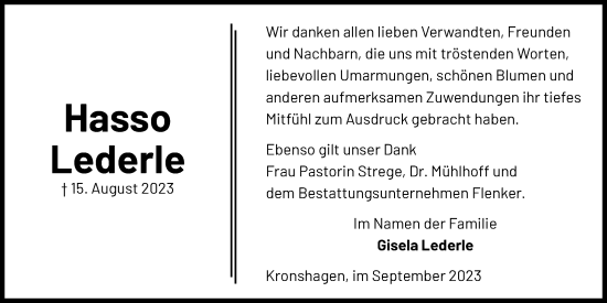 Traueranzeige von Hasso Lederle von Kieler Nachrichten