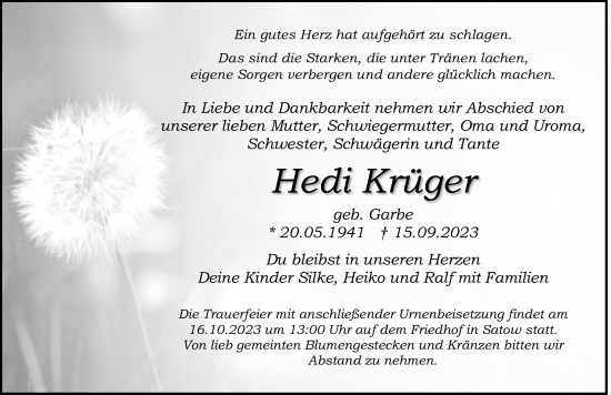 Traueranzeige von Hedi Krüger von Ostsee-Zeitung GmbH