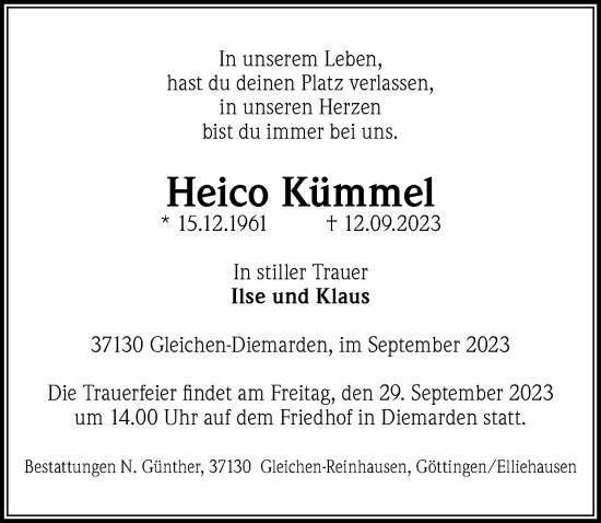 Traueranzeige von Heico Kümmel von Göttinger Tageblatt